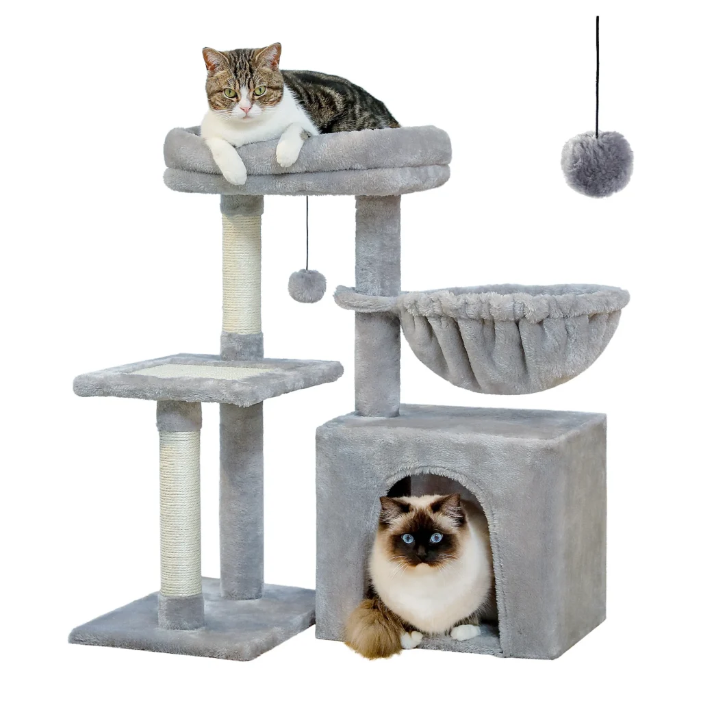 Small cat tree: small grey cat tree with a cat in the condo and one on the top perch