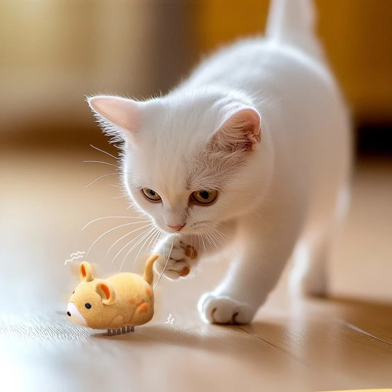 White kitten chasing a self-moving electric mouse cat toy on a wooden floor