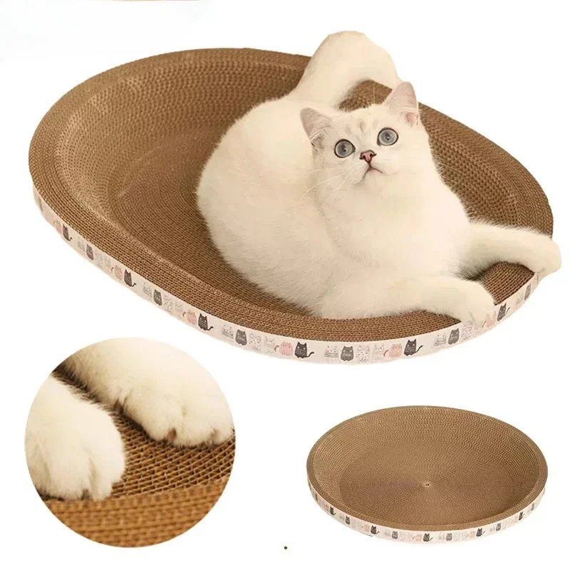 White cat lying in an oval cardboard cat scratcher bowl with a printed rim