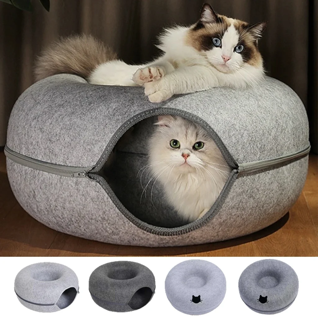 Felt Cat Tunnel Bed, 2-in-1 Donut Hideaway