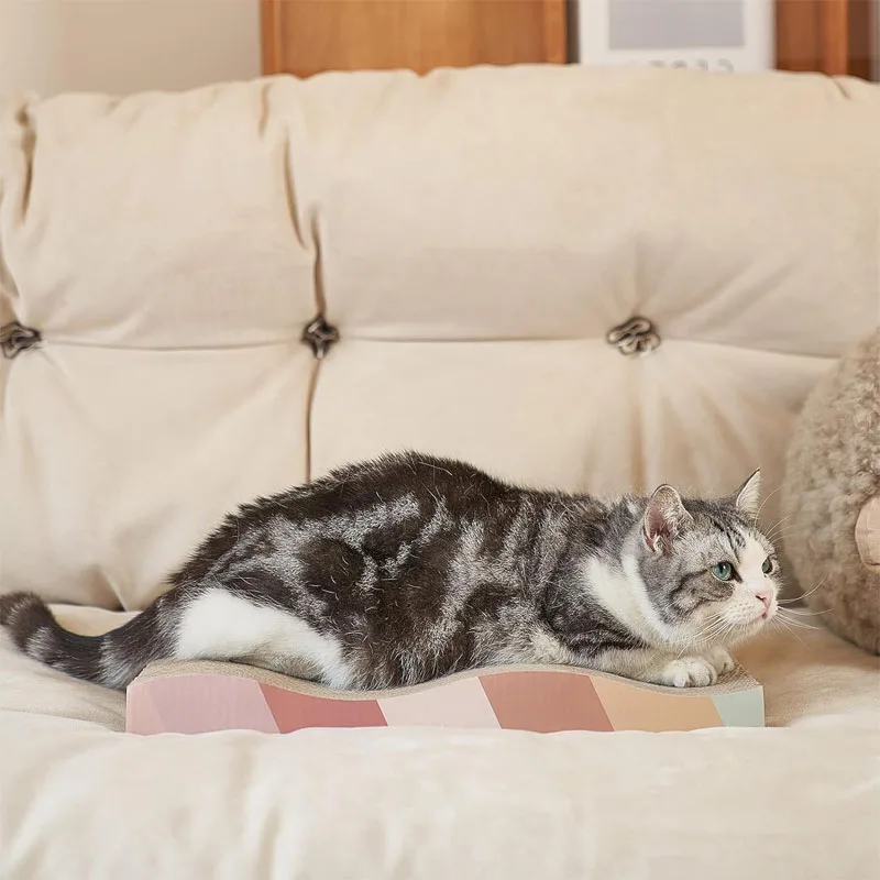 Tabby cat lying on a wave cardboard cat scratcher on a sofa