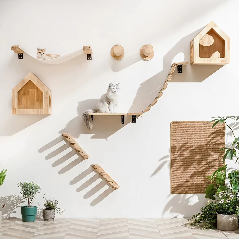 Cat wall shelves: cat wall with wall-mounted cat shelves, steps, a bridge and a cat house on a white wall