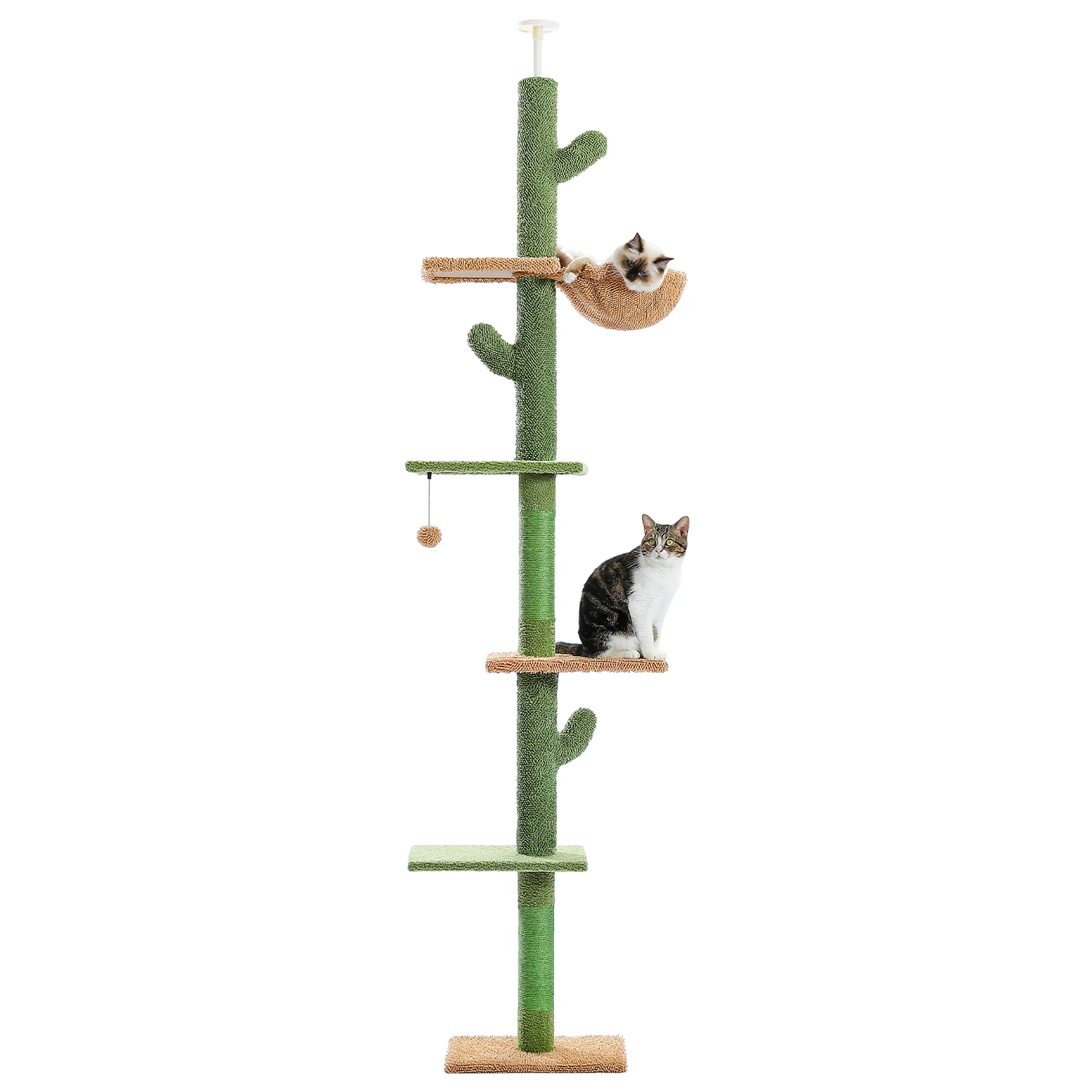 Green cactus floor to ceiling cat tree with five levels and two cats