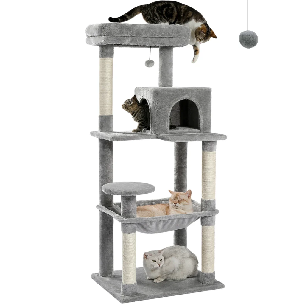 Cat tree with hammock: grey 5-level cat tree with cats in the hammock, condo and top perch