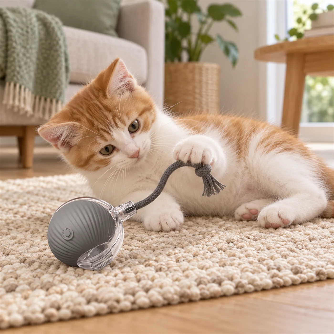 Kitten batting the rope tail of the grey automatic rolling ball