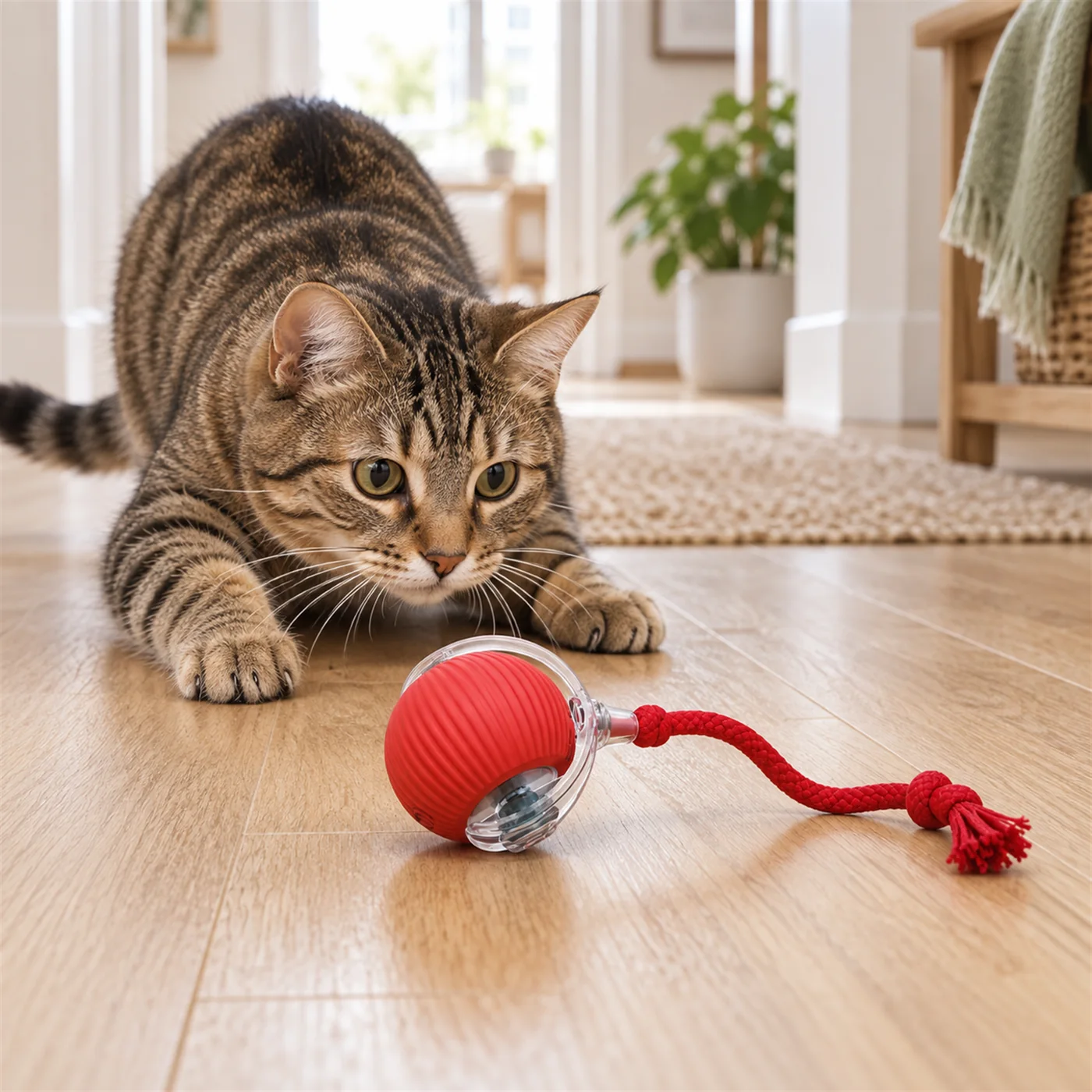 Tabby cat crouching behind the red automatic rolling ball with rope tail