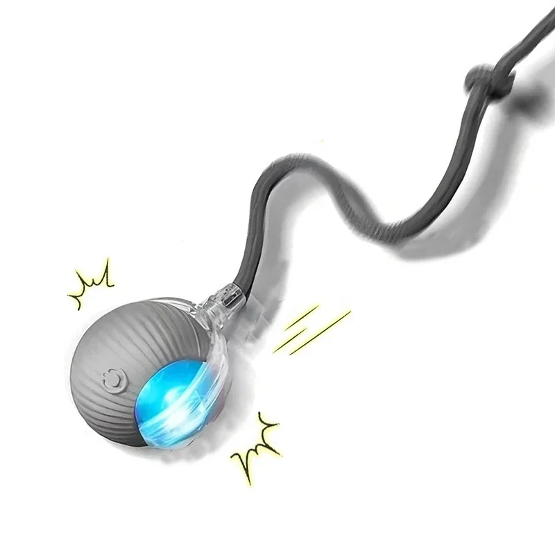 Automatic rolling cat ball in grey with a braided tail