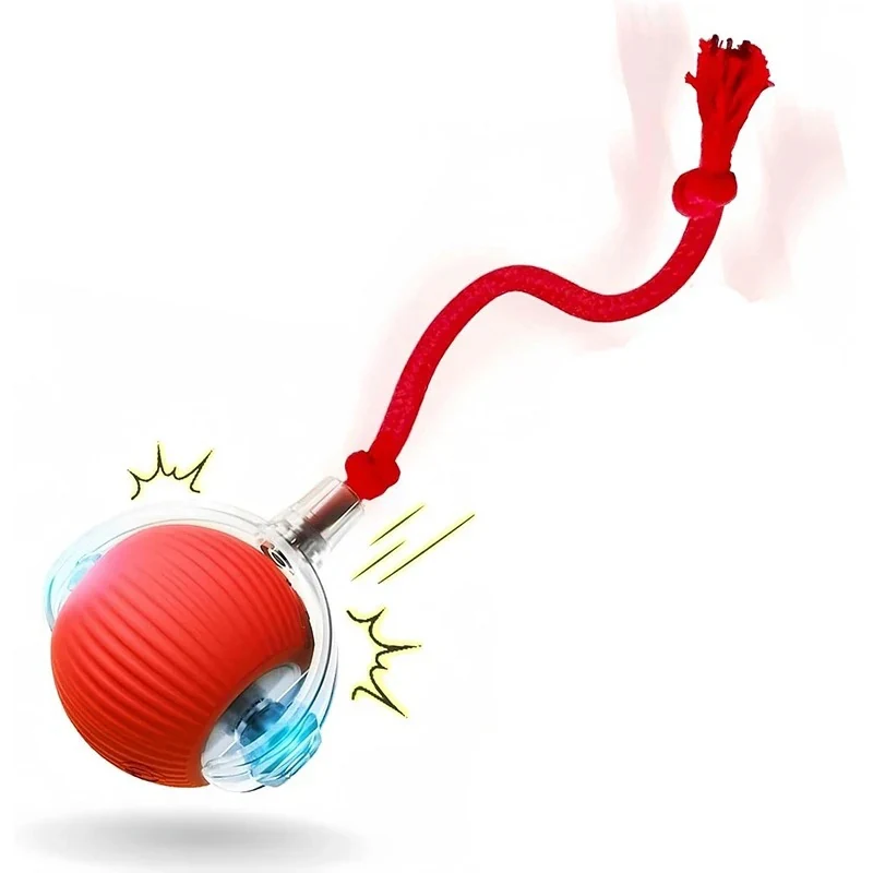 Automatic rolling cat ball in red with a braided tail