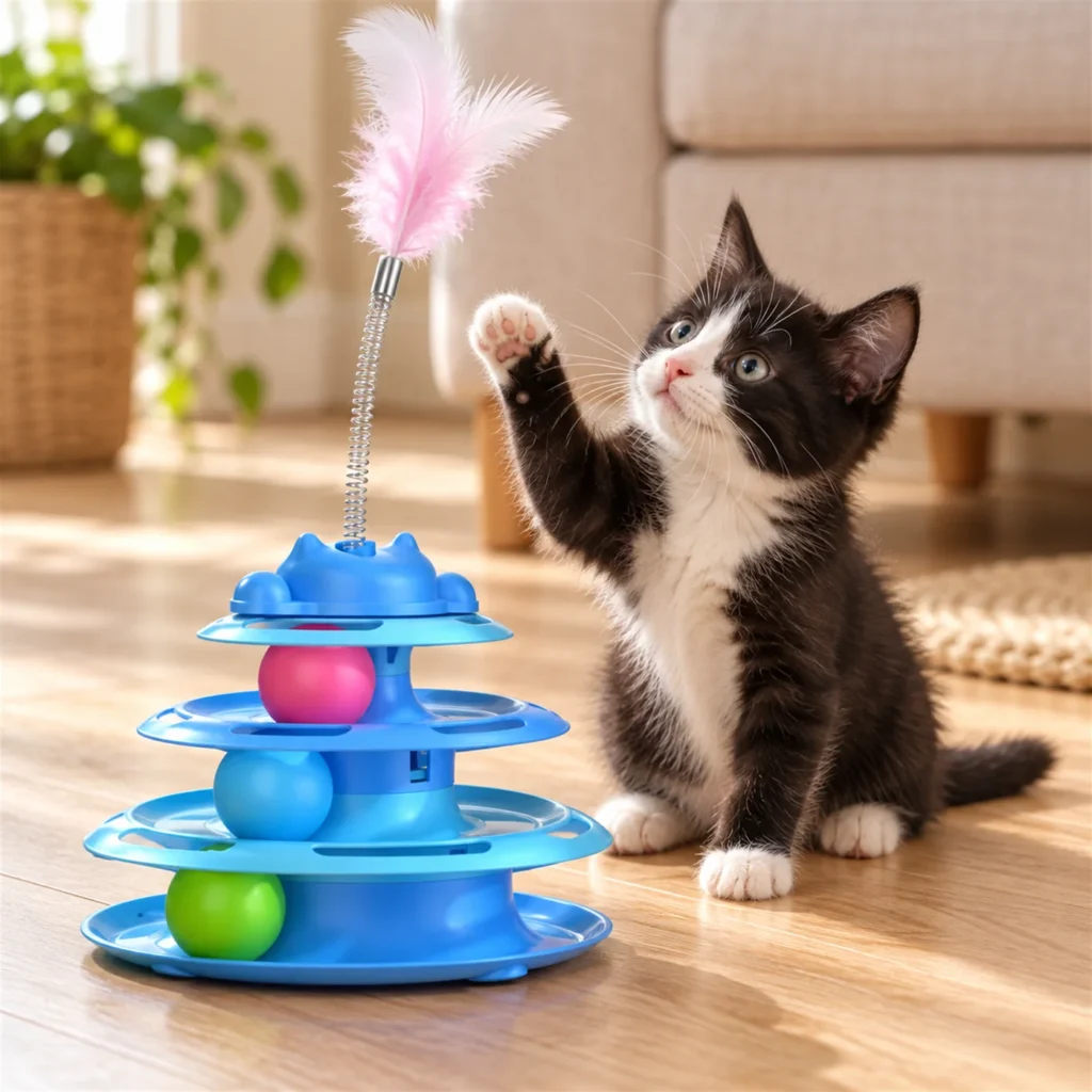 Tuxedo kitten reaching for the feather on top of a blue ball track tower cat toy