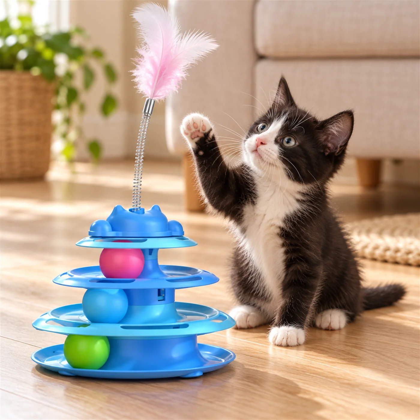 Tuxedo kitten reaching for the feather on top of the ball track tower
