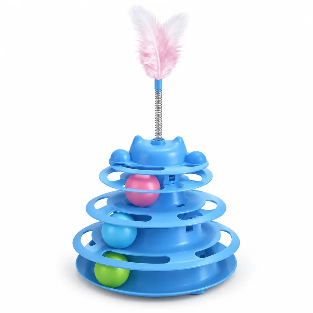 Cat ball track toy: blue three-level ball track tower cat toy with a feather on a spring on top