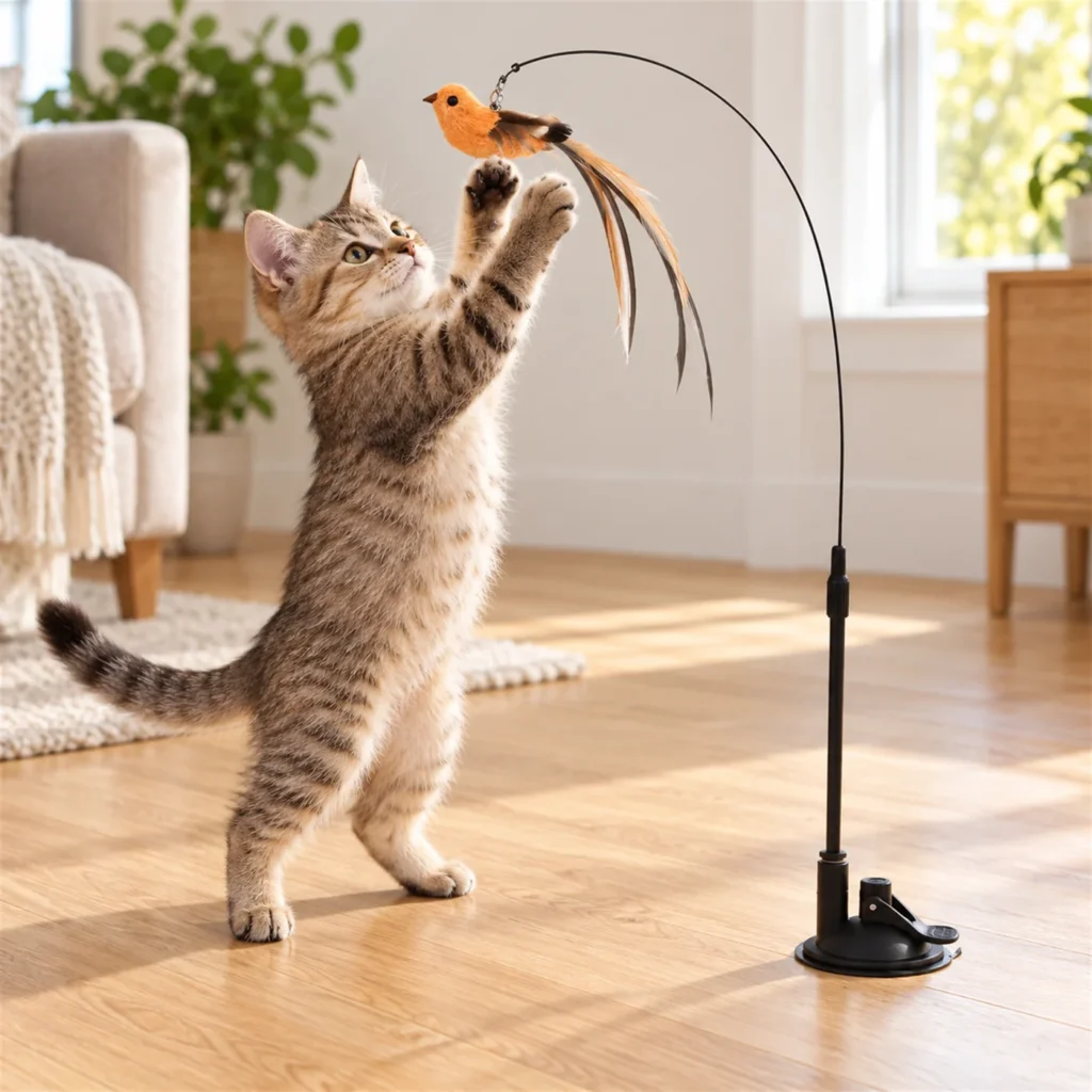 Kitten standing on its hind legs to catch the feather bird of a wand toy fixed to the floor with a suction cup