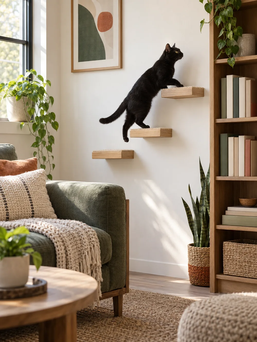 A black cat climbing wooden wall steps in a living room