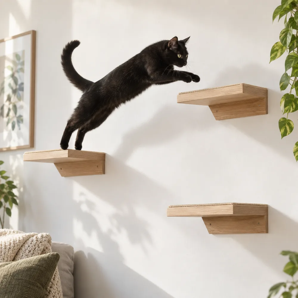 A black cat leaping between wooden wall shelves