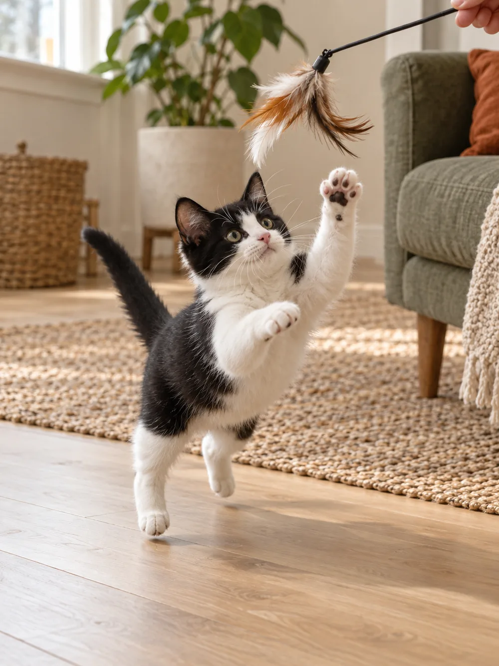A black-and-white kitten jumping at a feather toy