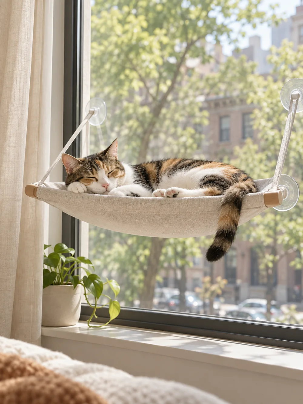 A calico cat asleep in a window hammock above a city street