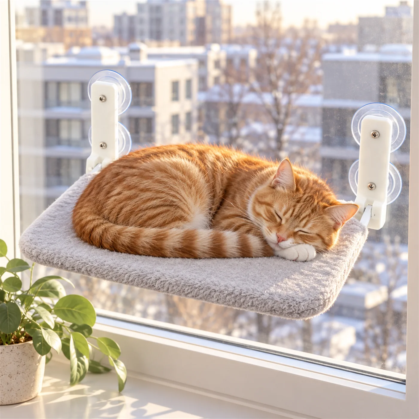 Ginger cat asleep on the grey plush window perch
