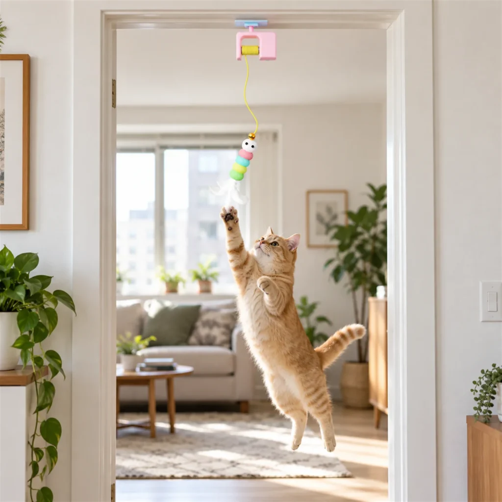 Ginger cat jumping at an electric teaser toy hanging from the top of a door frame