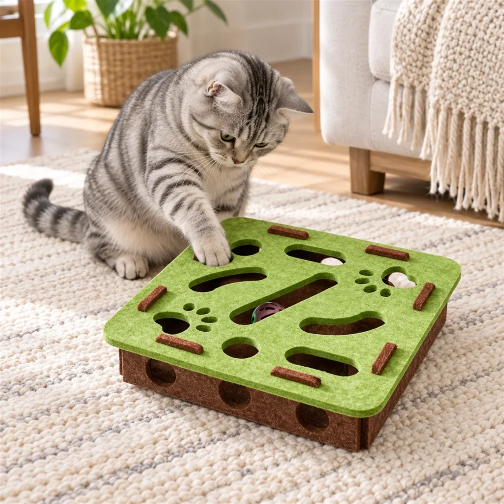 Silver tabby cat reaching a paw into a green felt puzzle box cat toy