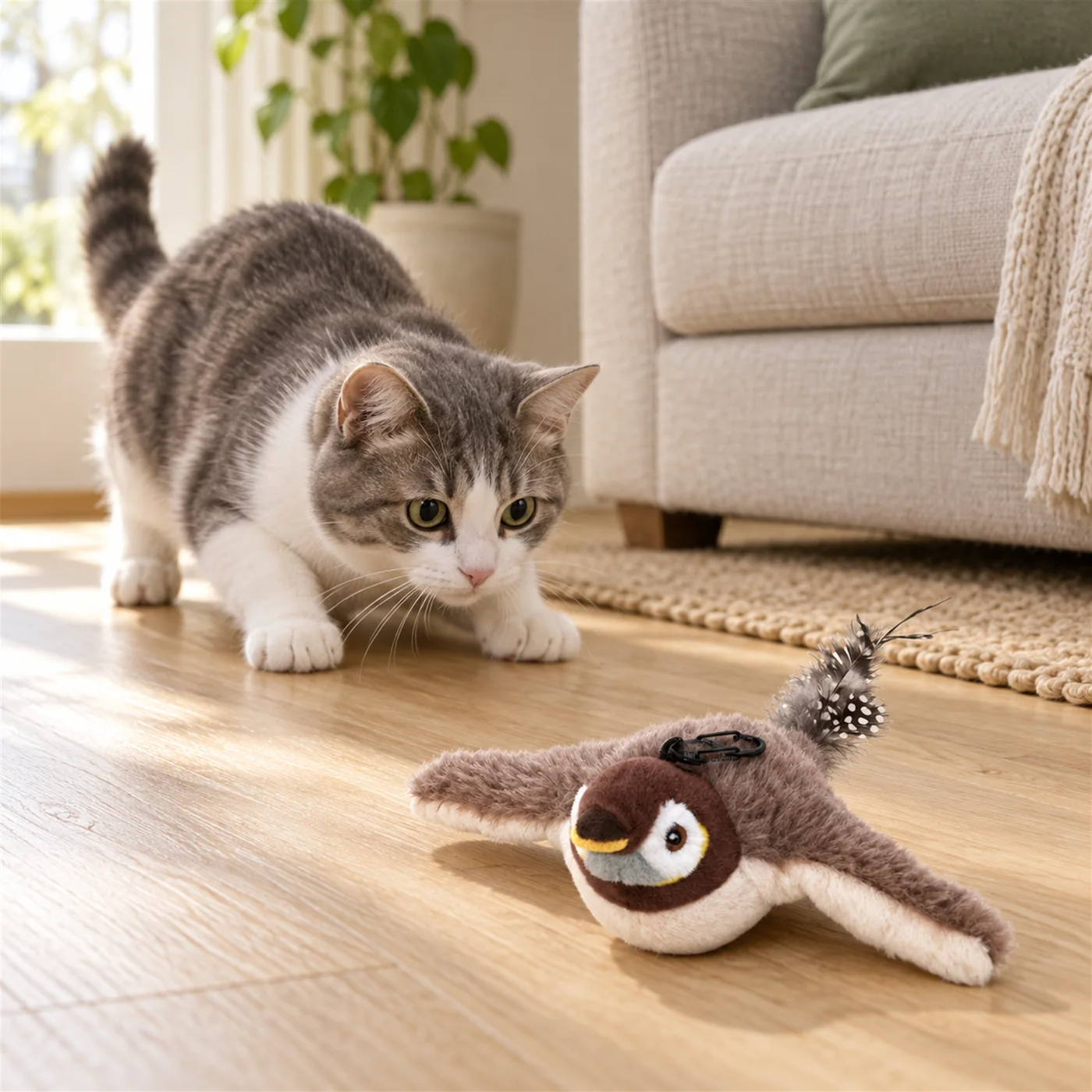 Young cat about to pounce on the plush flapping bird toy