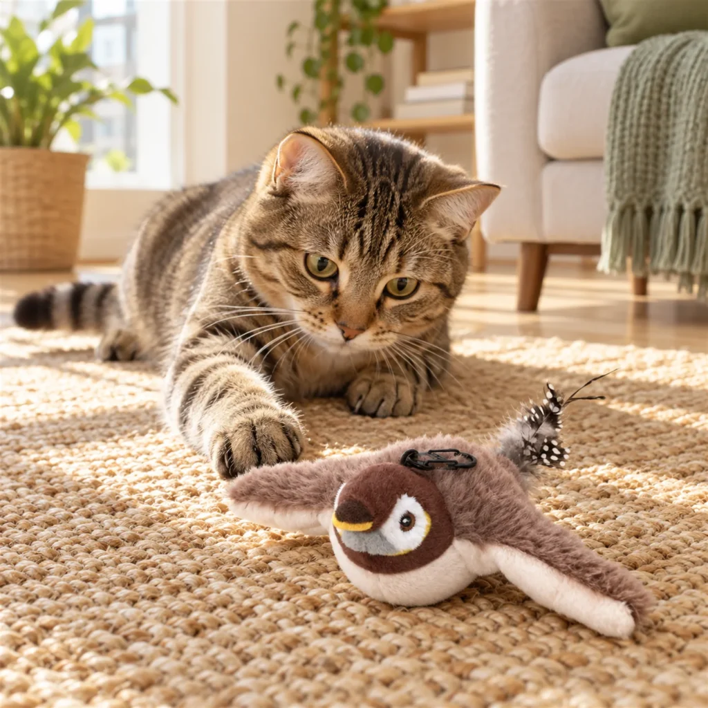 Tabby cat on a jute rug reaching for a plush flapping bird cat toy