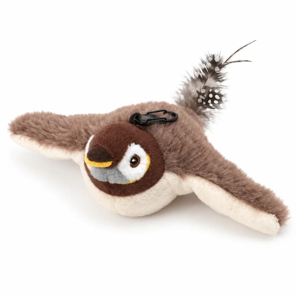 Flapping bird cat toy: plush flapping sparrow cat toy with feather tail