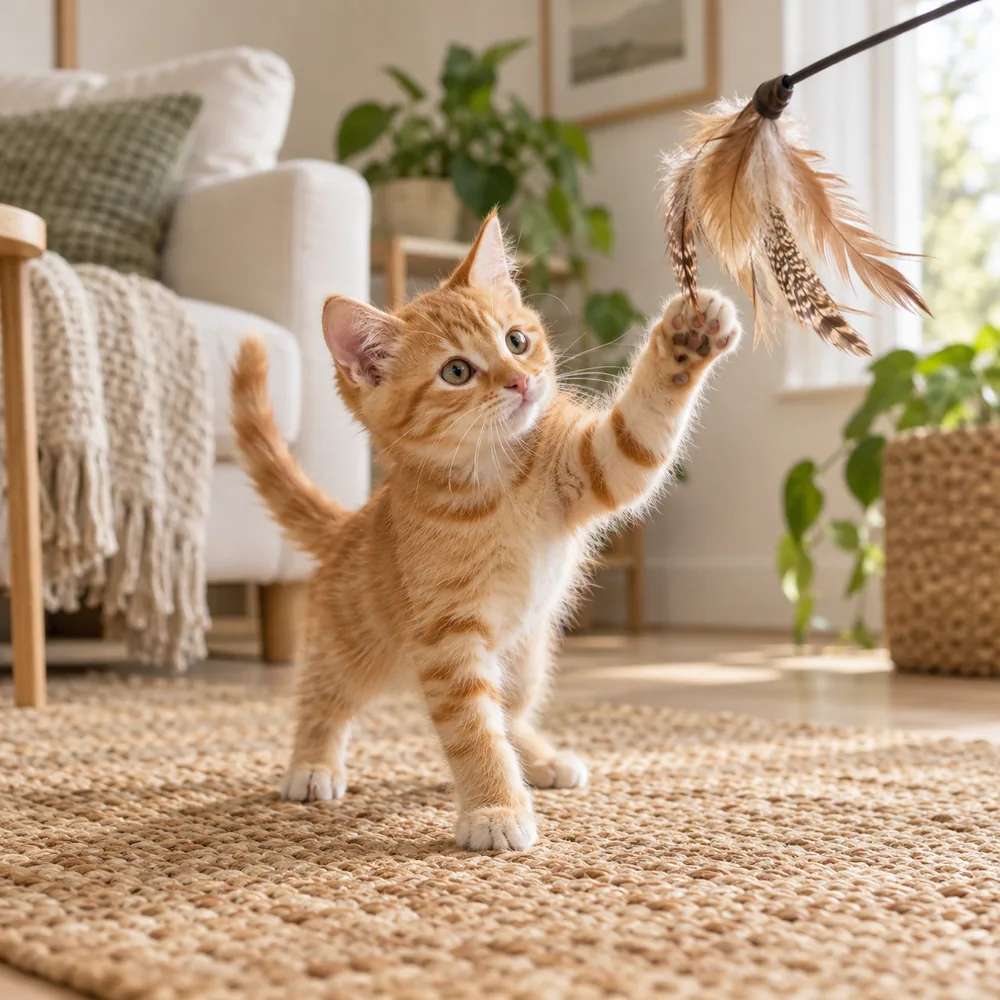 A ginger kitten reaching for a feather wand toy