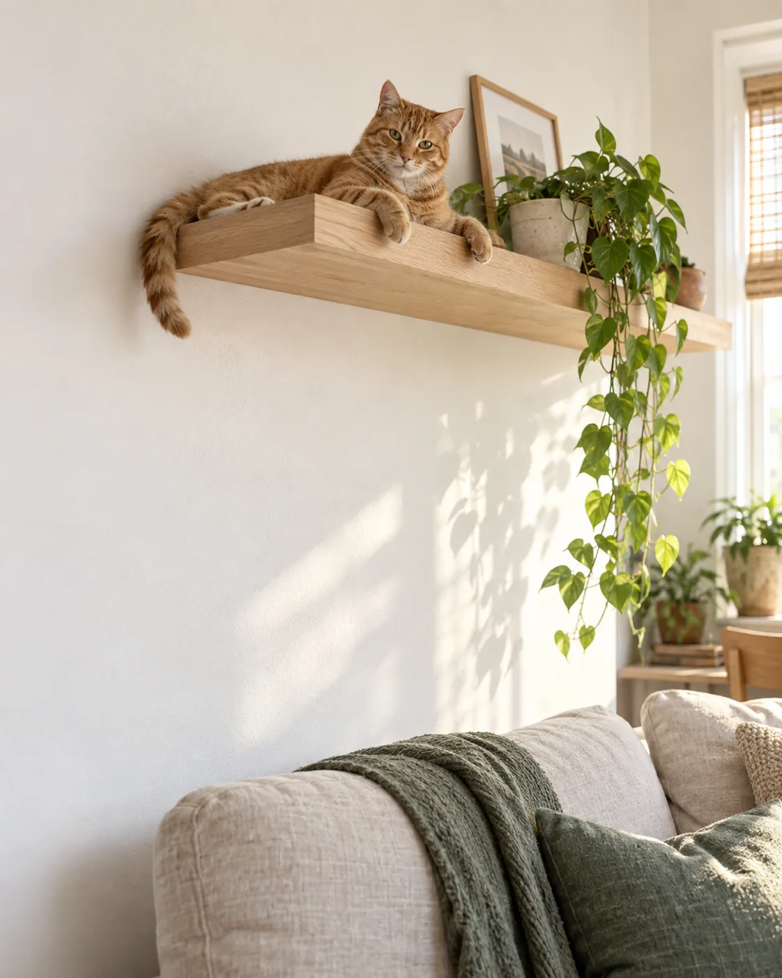 A ginger tabby cat resting on a wooden wall shelf above a sofa in a sunny apartment