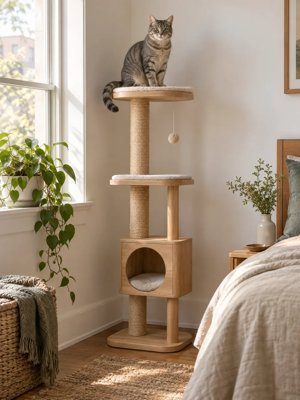 A grey tabby cat on top of a slim wooden cat tower in a bedroom corner