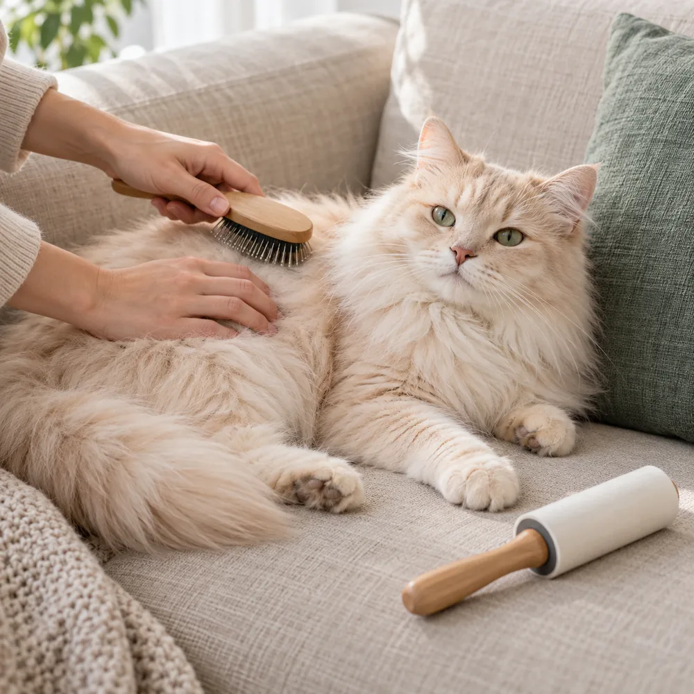 A long-haired cream cat being brushed on a sofa