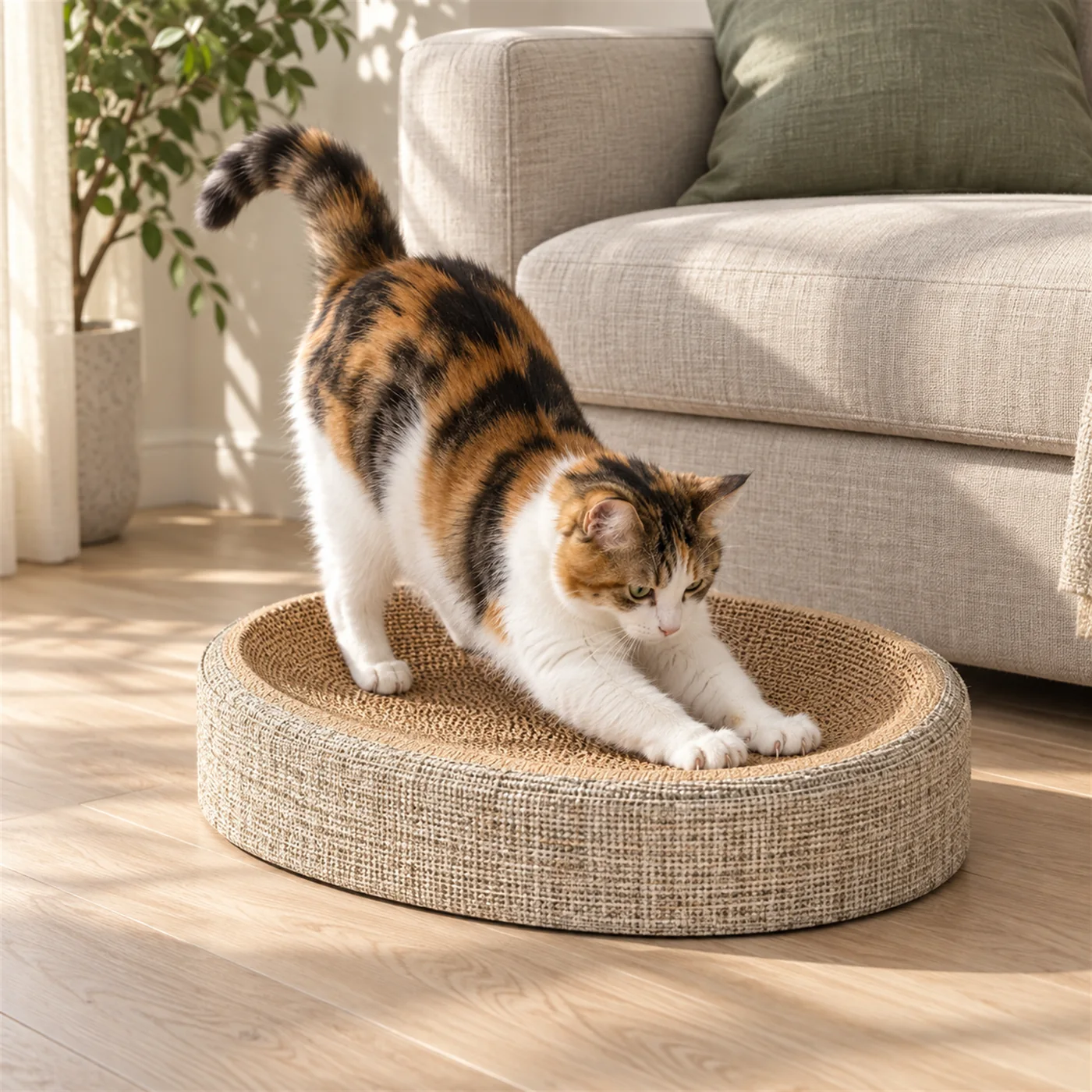 Calico cat stretching and scratching the oval scratcher bed