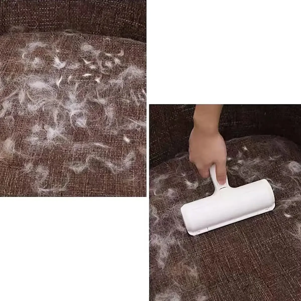 Pet hair roller removing cat hair from a fabric sofa
