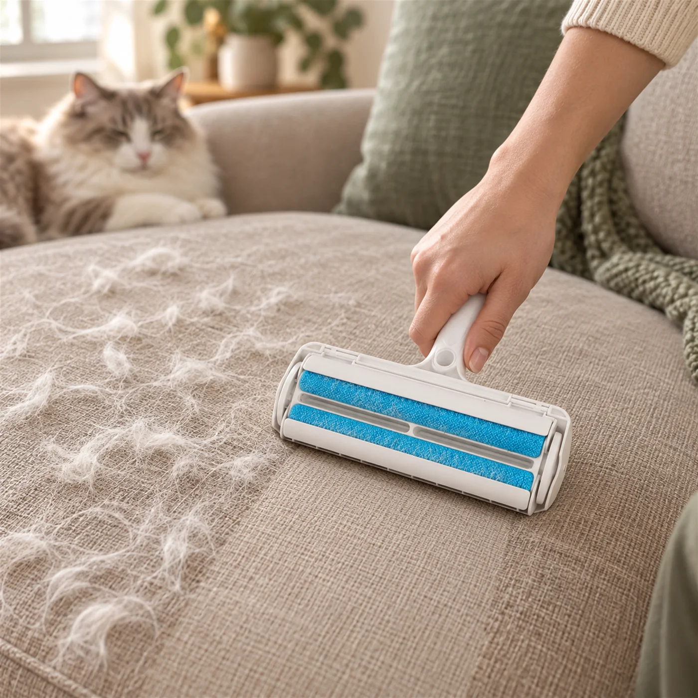 Hand rolling the pet hair remover roller over cat hair on a sofa