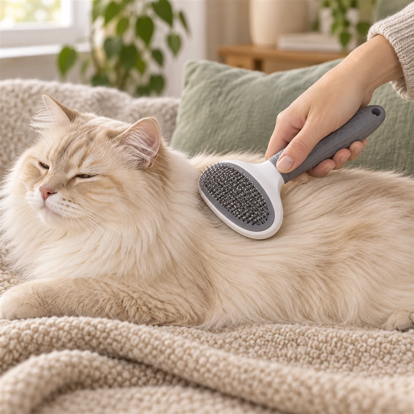 Brushing a relaxed long-haired cat with the grey self-cleaning slicker brush