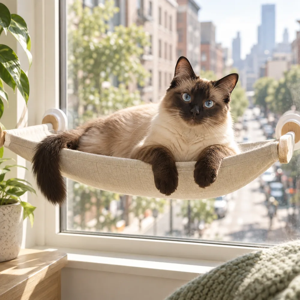 A siamese cat relaxing in a window hammock