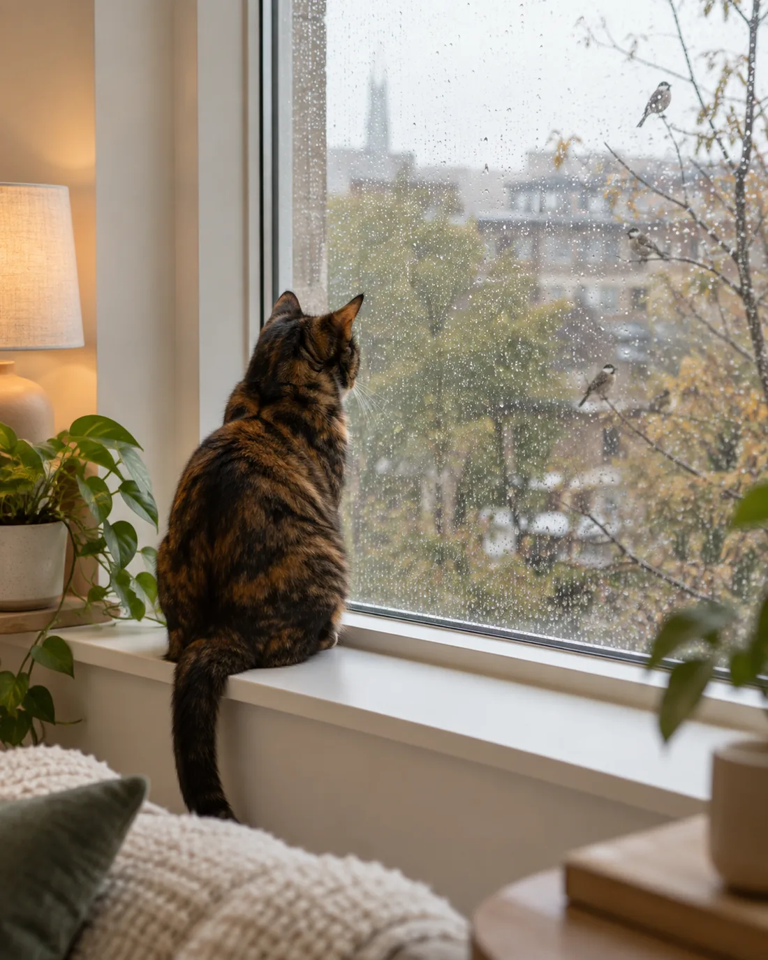 A tortoiseshell cat on a window sill watching birds in the rain