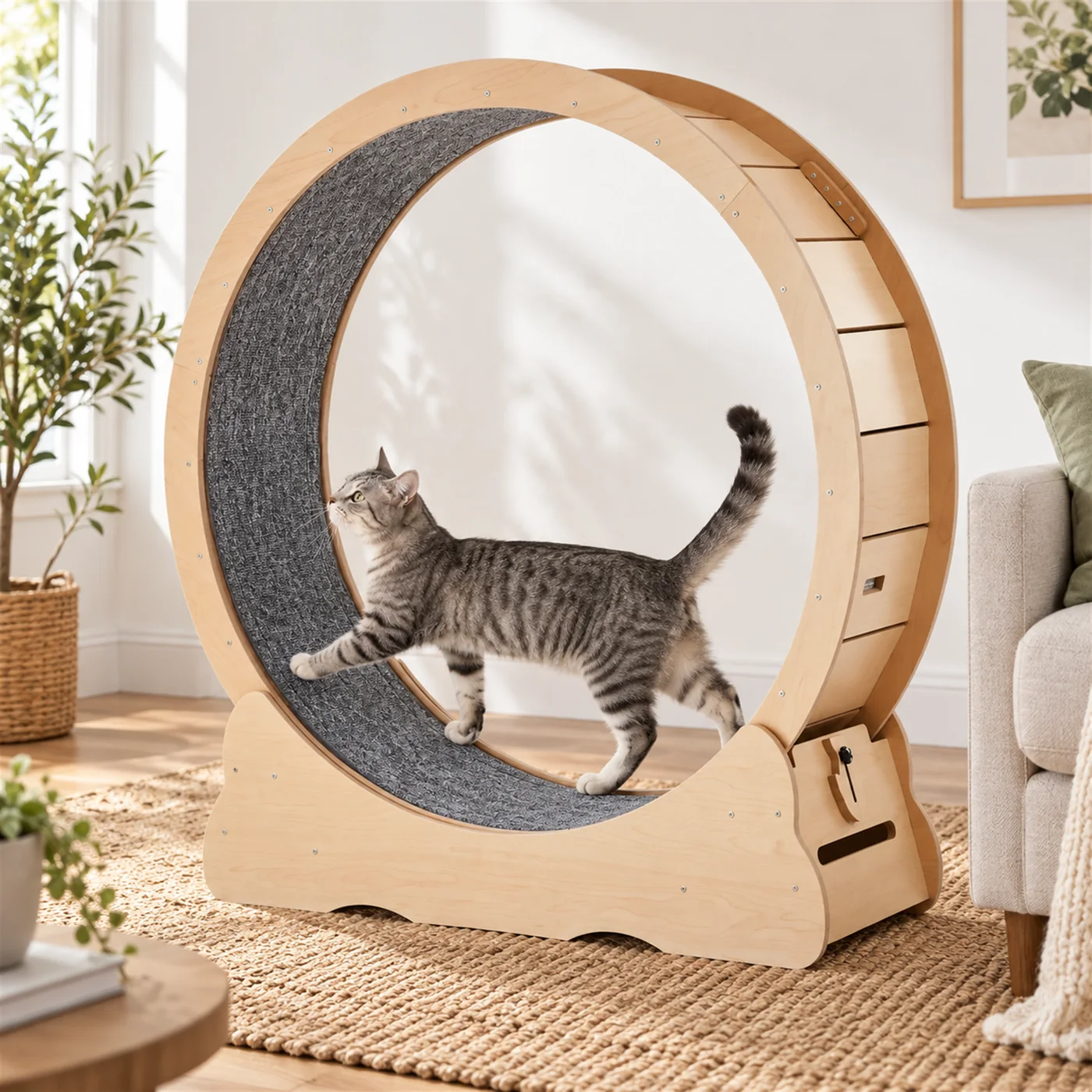Tabby cat walking inside the wooden cat exercise wheel in a living room